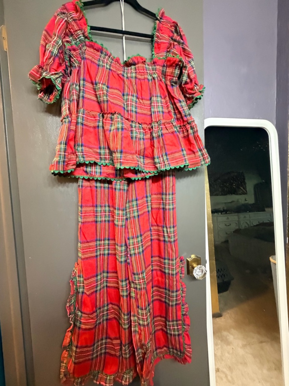 Women's Red Plaid Two-Piece Pajama Set with Green Trim - Brand Unspecified